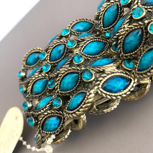 Peacock turquoise blue gold tone filigree vintage/boho stretch cuff bracelet - Picture 6 of 12